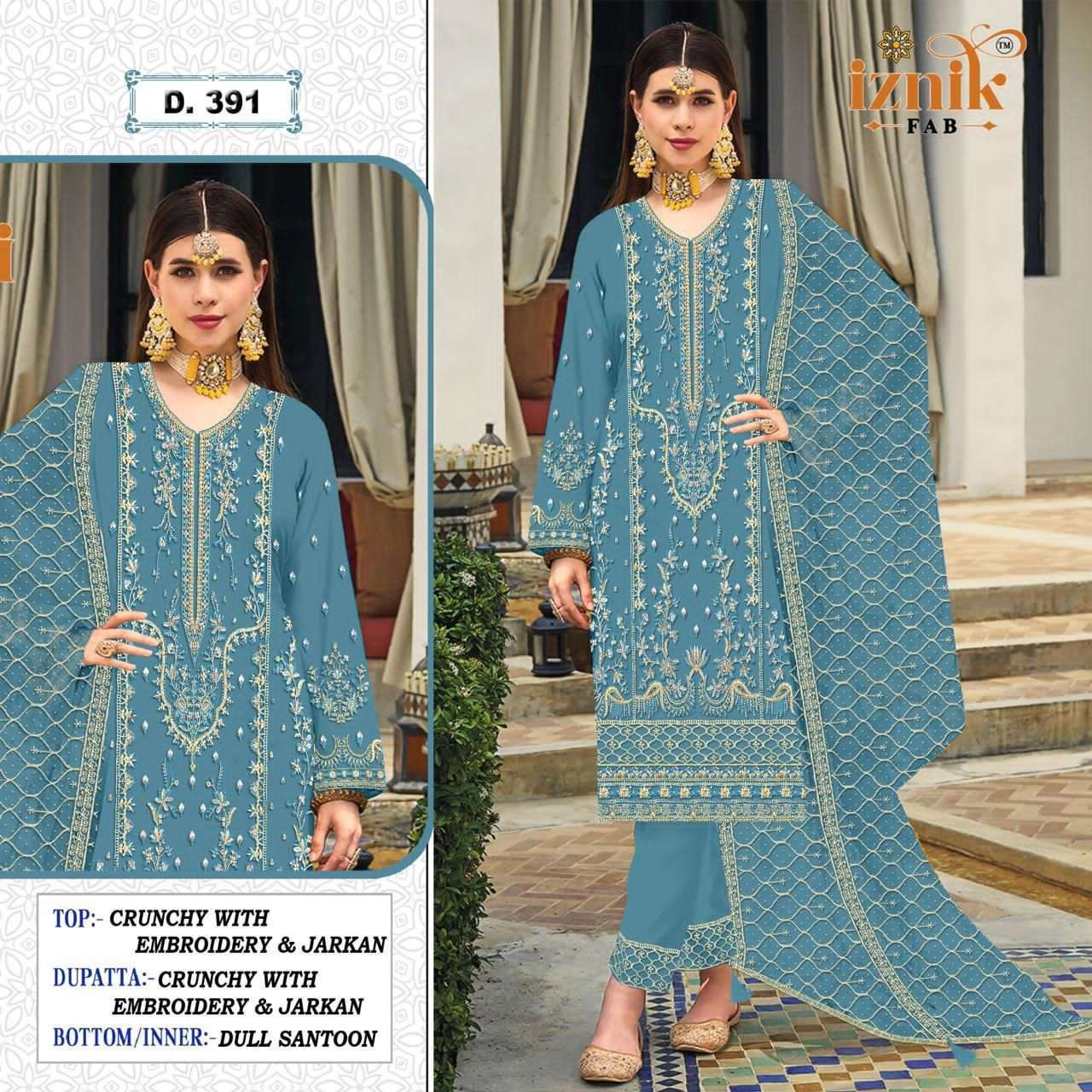 IZNIK FAB A 391 COLORS CRUNCHY EMBROIDERED PAKISTANI SUIT WHOLESALER 