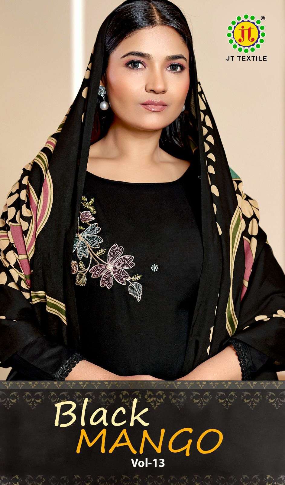 JT TEXTILE BLACK MANGO VOL 13 RAYON EMBROIDERD SUIT WHOLESALER 