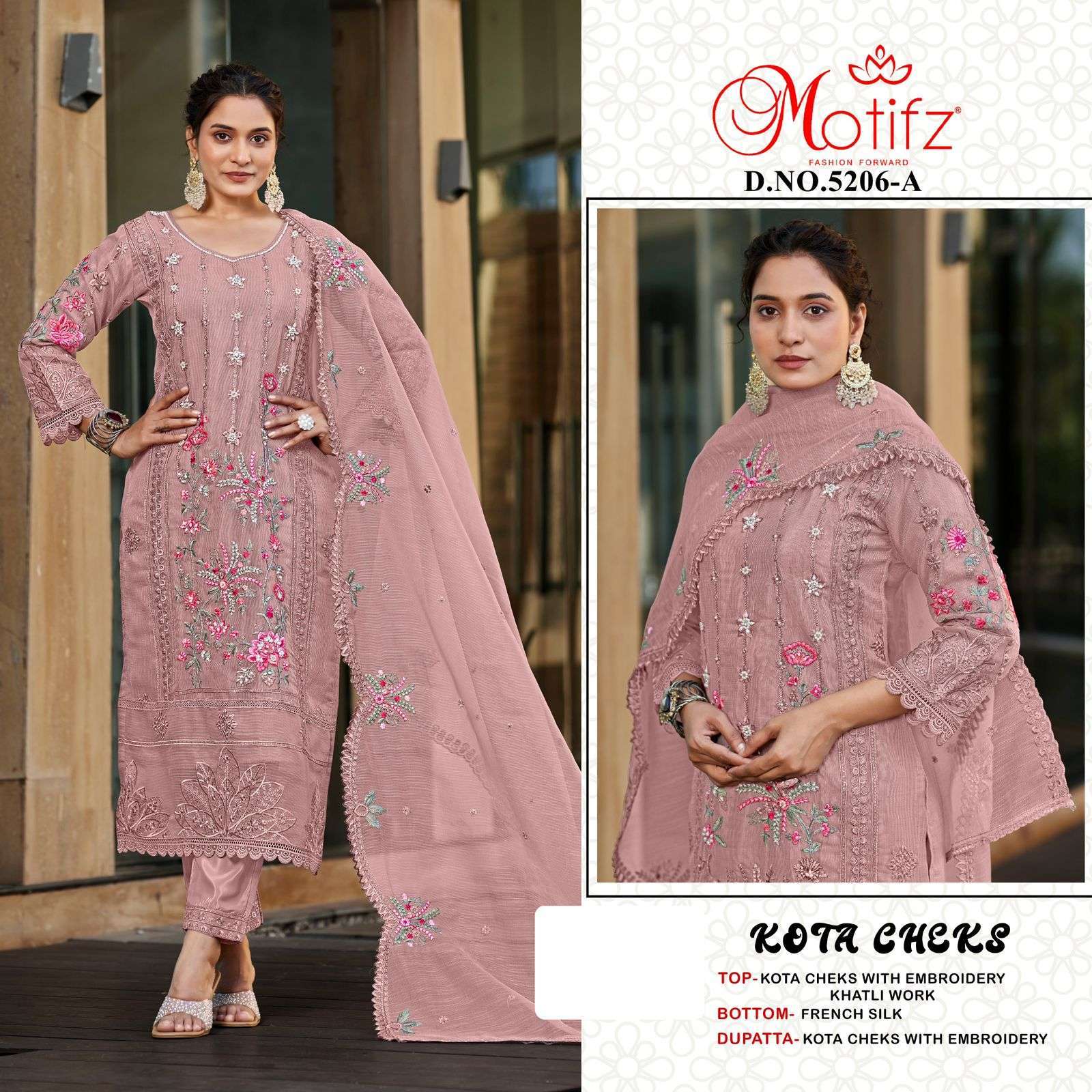 MOTIFZ D 5206 COLORS KOTA CHEKS EMBROIDERY PAKISTANI SUIT WHOLESALER BEST RATE 