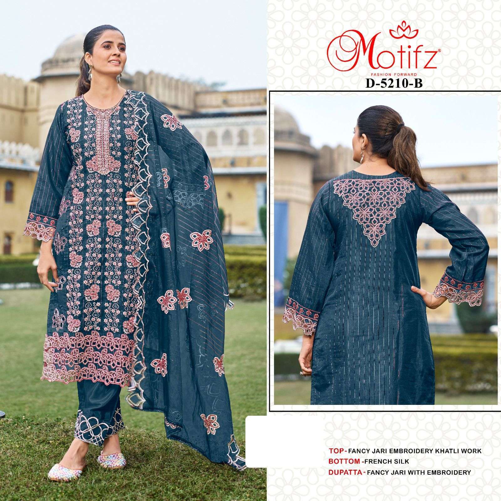 MOTIFZ D 5210 COLORS FANCY ZARI EMBROIDERY PAKISTANI SUIT WHOLESALER 