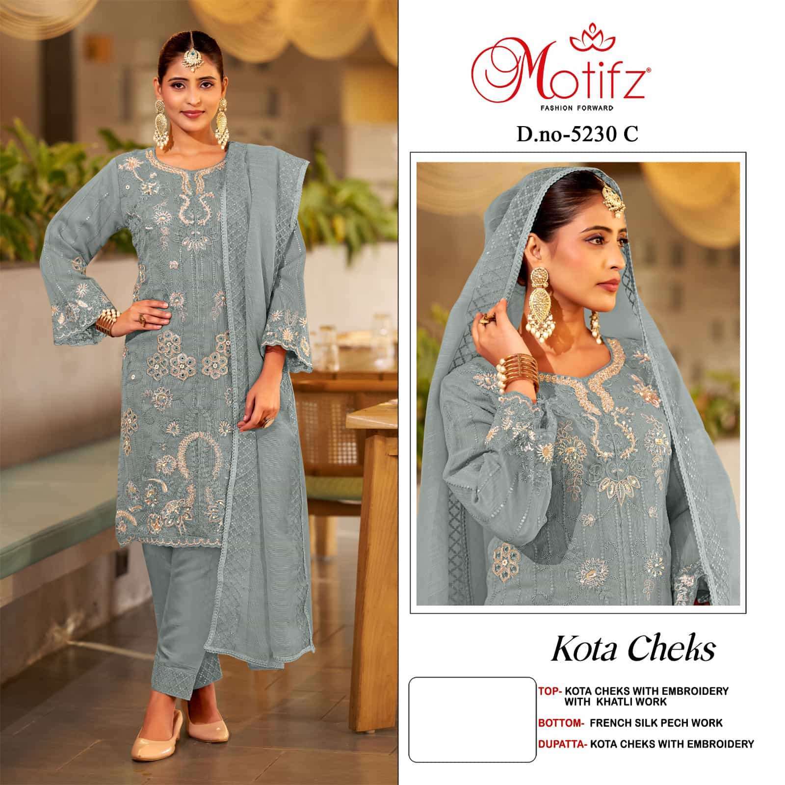 MOTIFZ FASHION D 5230 COLORS KOTA CHEKS EMBROIDERY SUIT WHOLESALER BEST RATE 
