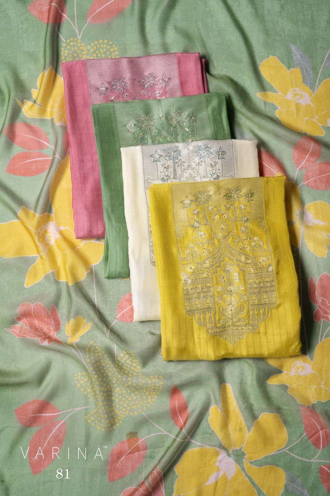 OMTEX VARINA 81 COLOURS MUSLIN JACQUARD PARTYWEAR SALWER KAMEEZ SUIT WHOLESALER 