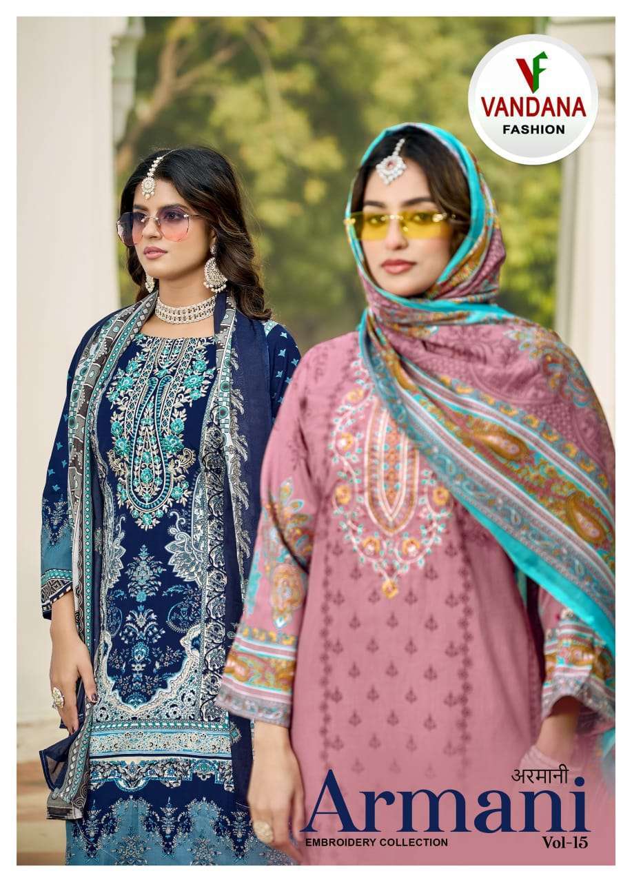 VANDANA FASHION ARMANI VOL 15 FANCY PRINTED COTTON SUIT WHOLESALER 