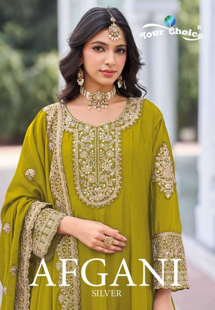 YOUR CHOICE AFGHANI SILVER CHINON PARTY WEAR READYMADE SUIT WHOLESALER 2026