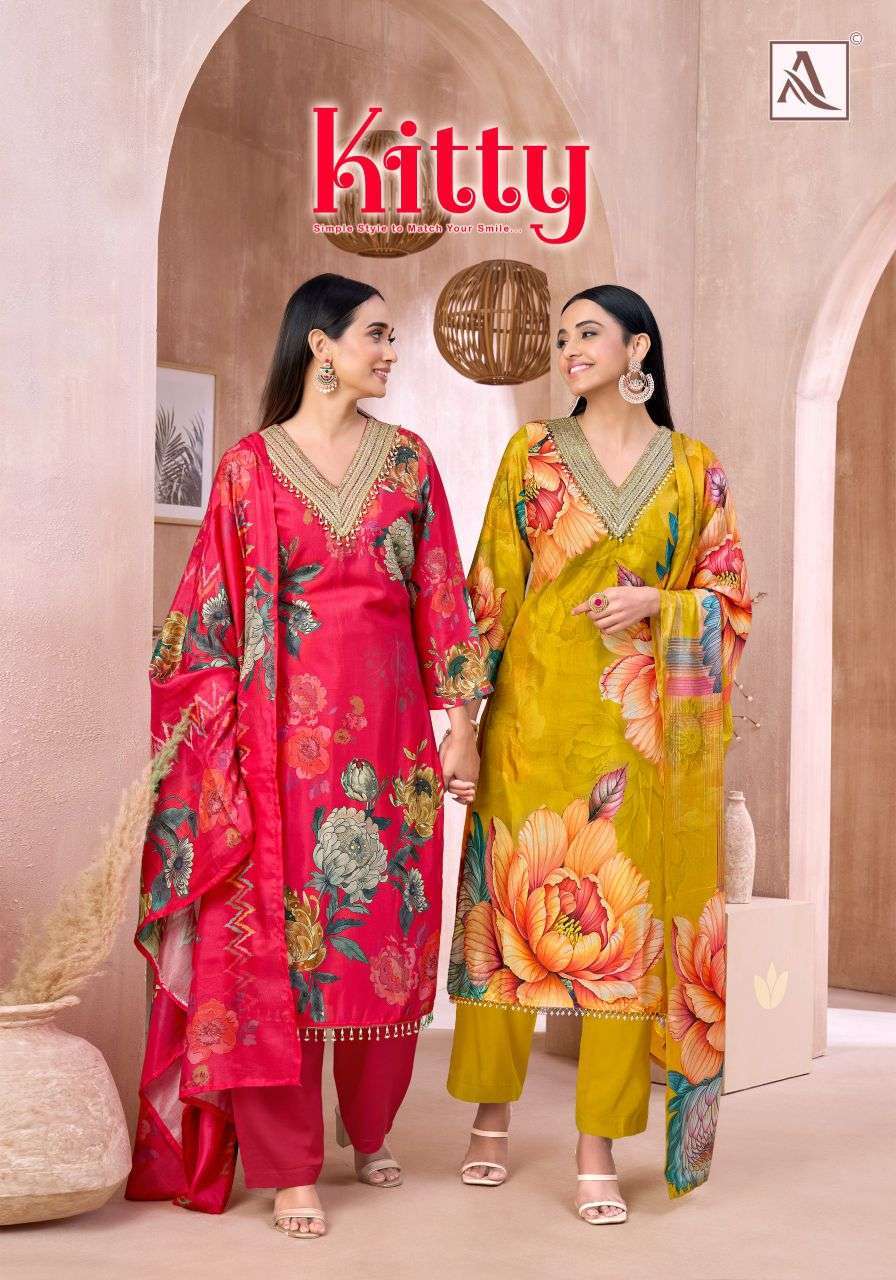ALOK SUIT KITTY VISCOSE MUSLIN PRINT EMBROIDERED SALWER KAMEEZ SUIT WHOLESALER 