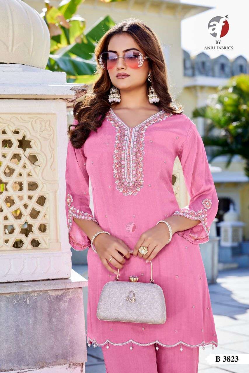 ANJU FABRIC 3822 COLORS HEAVY HANDWORK CHINON CHIFFON READYMADE KURTI WHOLESALER 