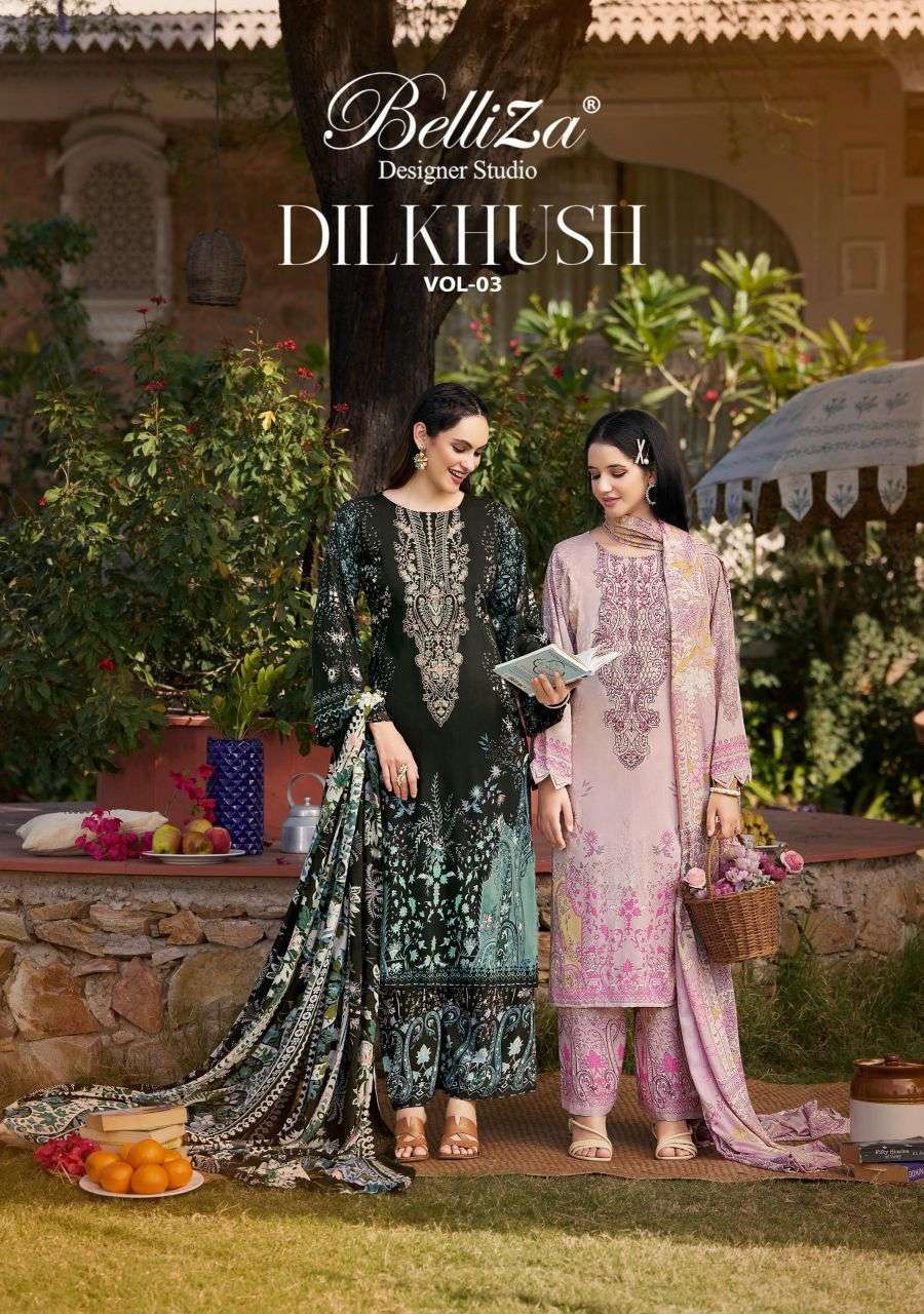 BELLIZA DESIGNER DILKHUSH VOL 3 VISCOSE RAYON SELF EMBROIDERY SUIT WHOLESALER 
