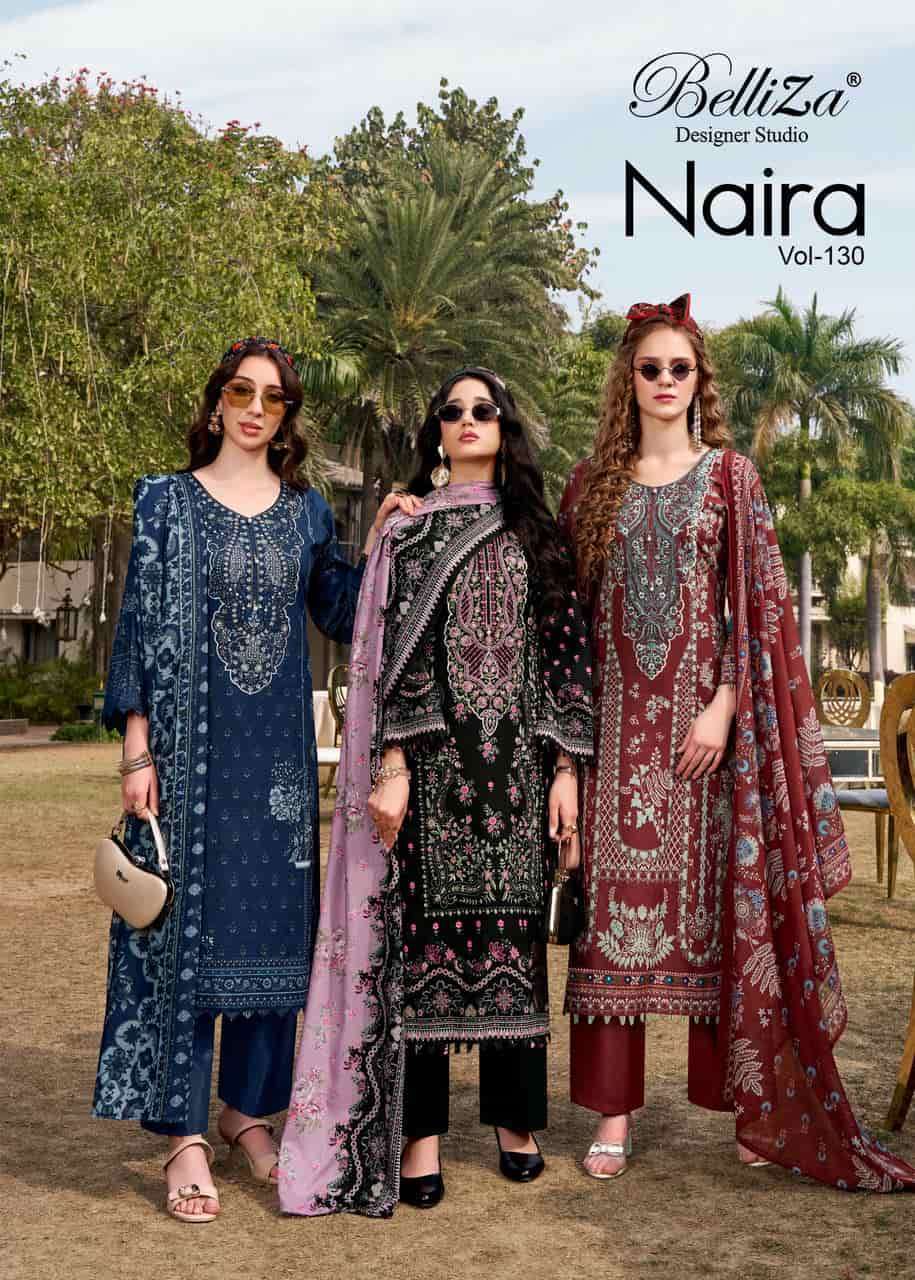 BELLIZA DESIGNER NAIRA VOL 130 PURE COTTON EMBROIDERY SUIT WHOLESALER 