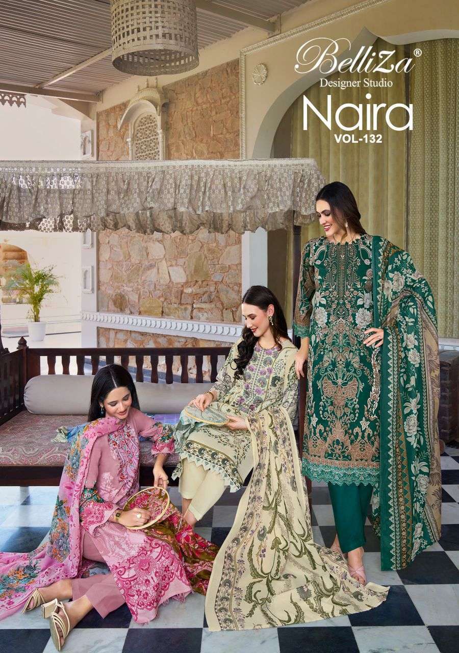 BELLIZA DESIGNER NAIRA VOL 132 PURE COTTON EMBROIDERY SUIT WHOLESALER 