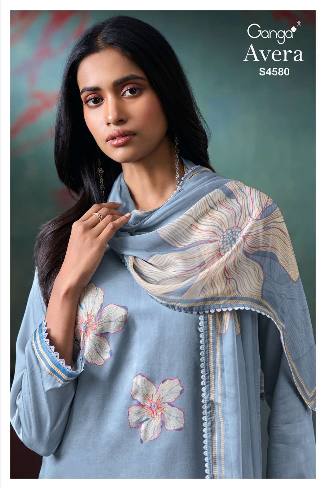 GANGA FASHION AVERA 4580 COTTON SATIN PRINT HAND EMBROIDERD SUIT WHOLESALER 