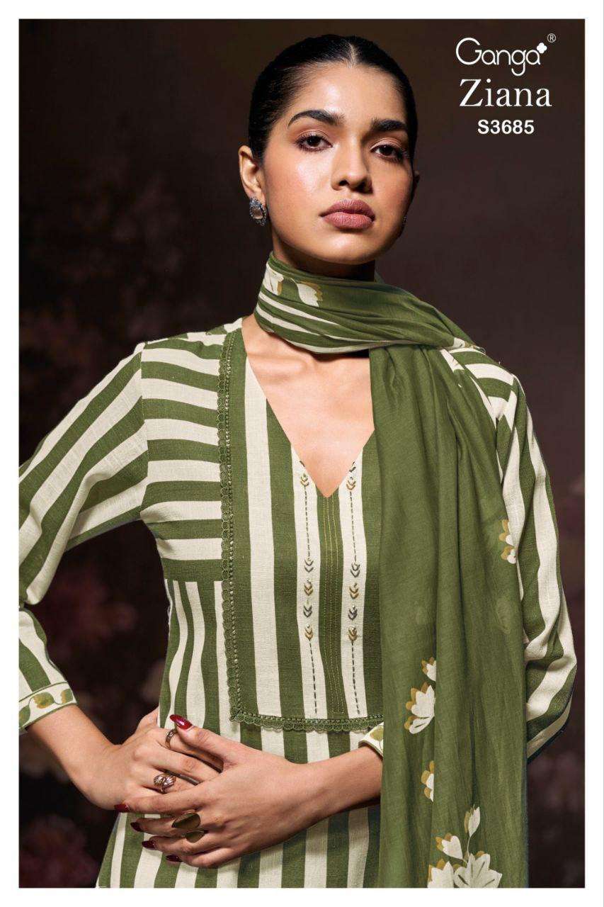 GANGA FASHION ZIANA 3685 COTTON LINEN HAND WORK SUIT EXPORTER 