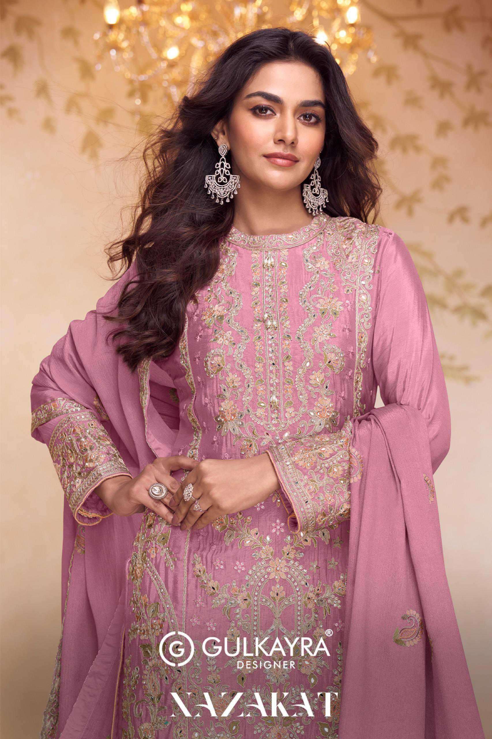 GULKAYRA DESIGNER NAZAKAT 7667 COLORS CHINON FANCY READYMADE SUIT WHOLESALER 
