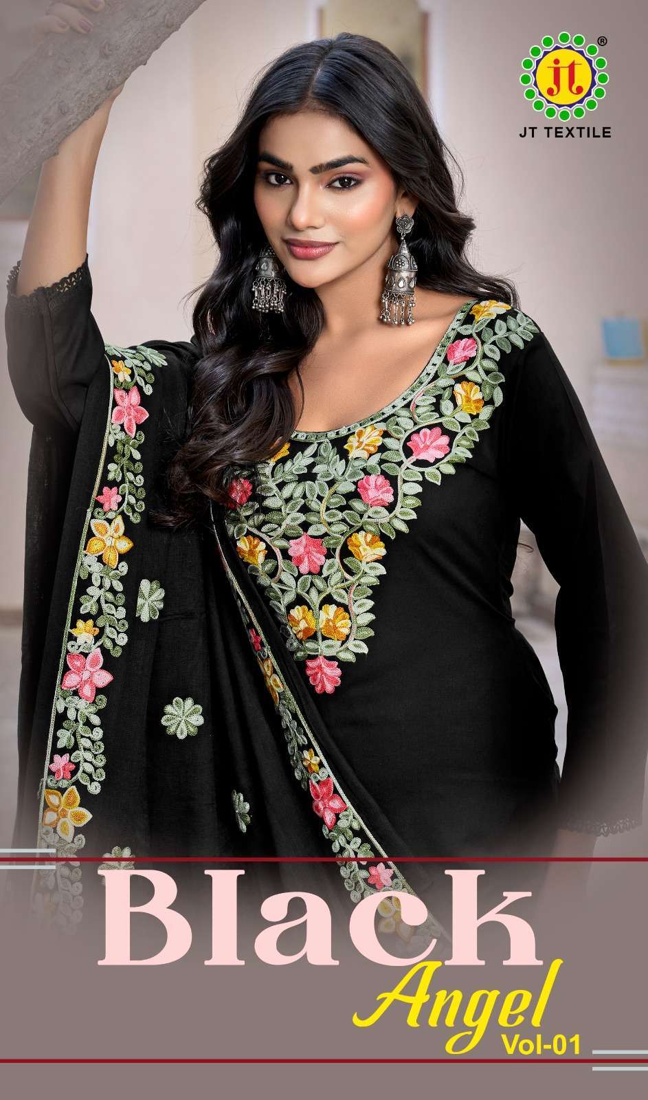 JT TEXTILE BLACK ANGEL RAYON EMBROIDERED SALWER KAMEEZ SUIT WHOLESALER 