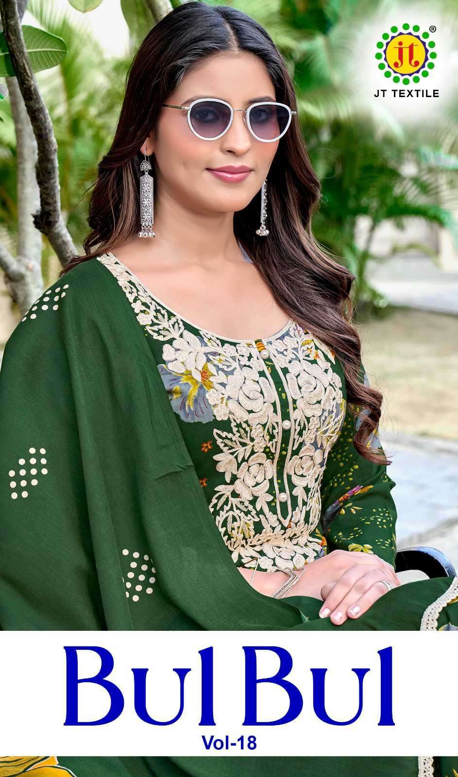 JT TEXTILE BUL BUL VOL 18 RAYON EMBROIDERY SUIT WHOLESALER BEST RATE 