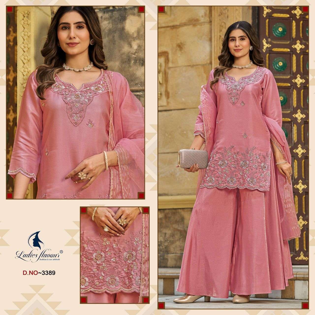 LADIES FLAVOUR 3388 TO 3389 COLORS GLASS SATIN READYMADE SUIT WHOLESALER 