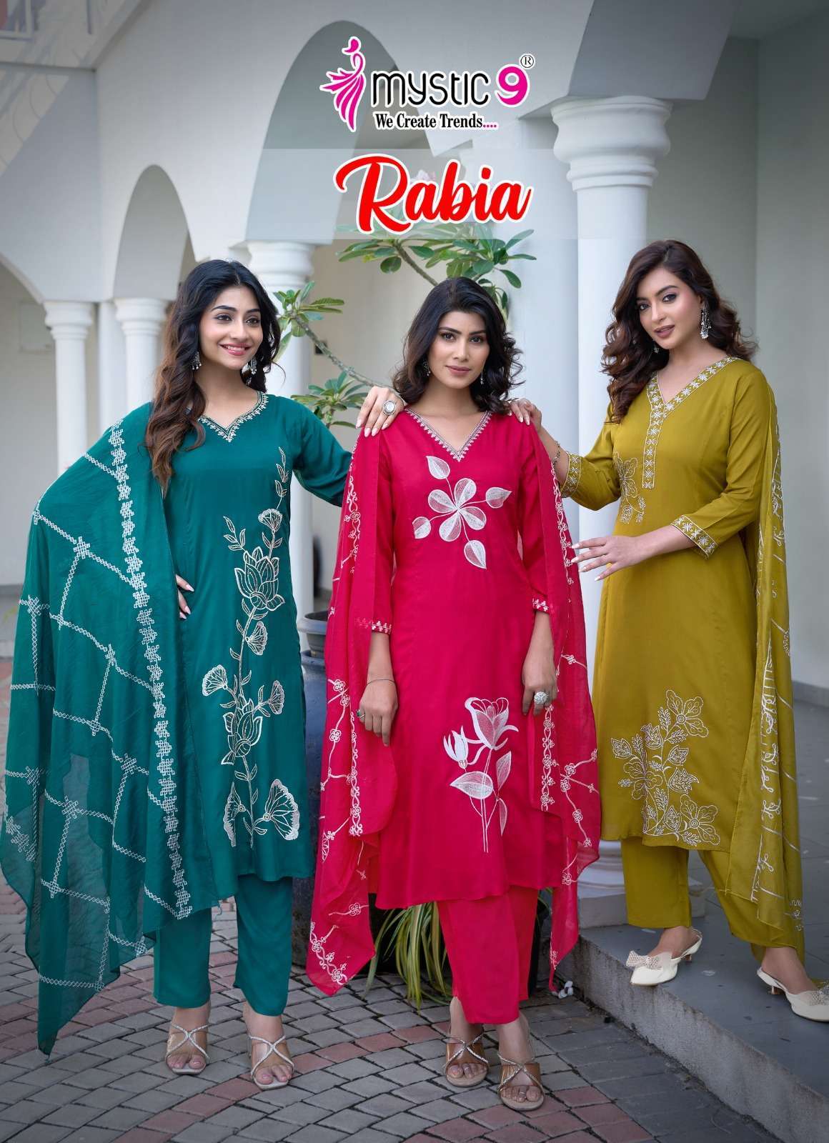 MYSTIC 9 RABIA VOL 1 1001 TO 1008 SERIES MODAL FANCY WORK READYMADE KURTI WHOLESALER 