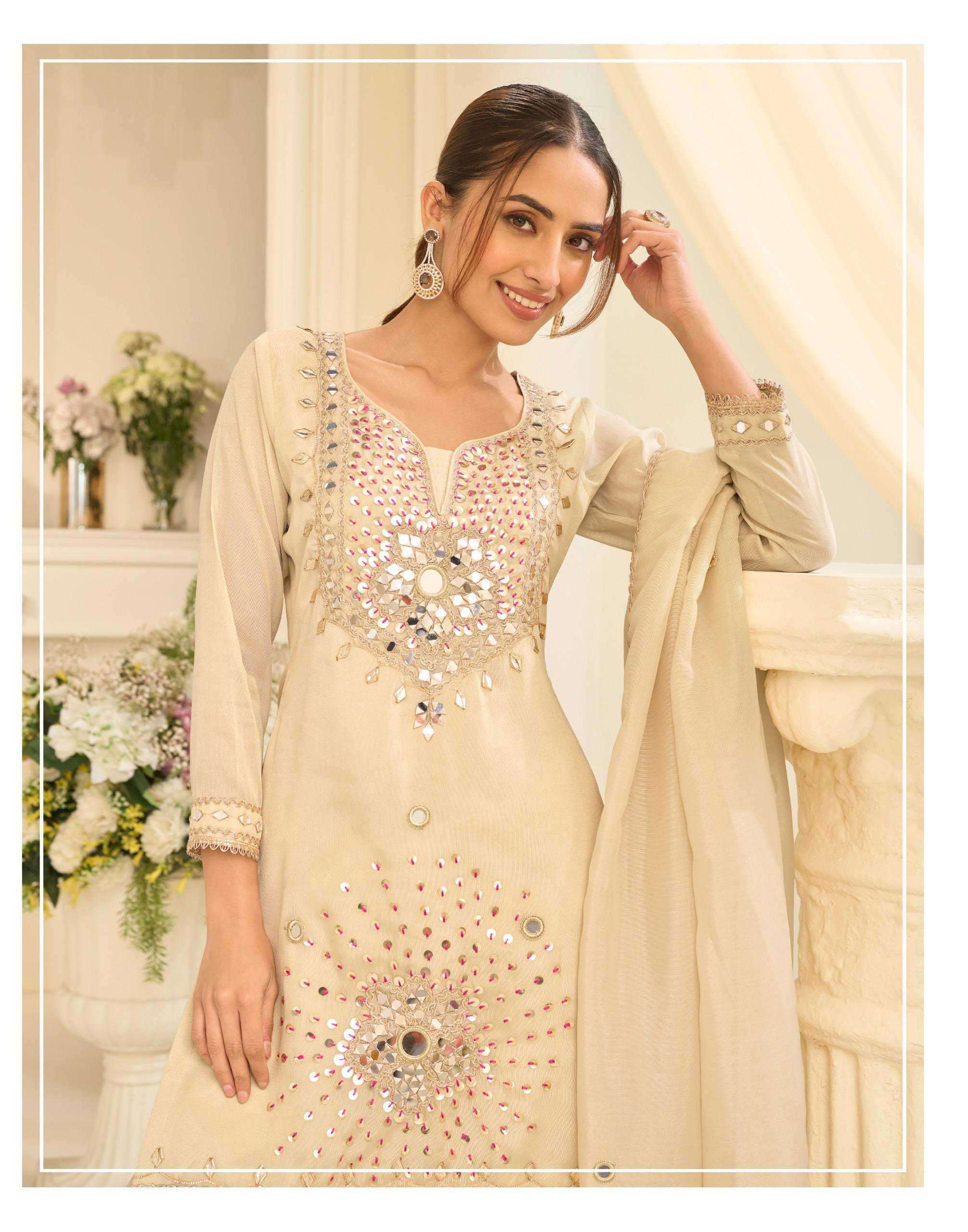 SAYURI DESIGNER MIRROR COLLECTION 10312 COLORS DESIGNER SIMMER SILK READYMADE SUIT WHOLESALER 