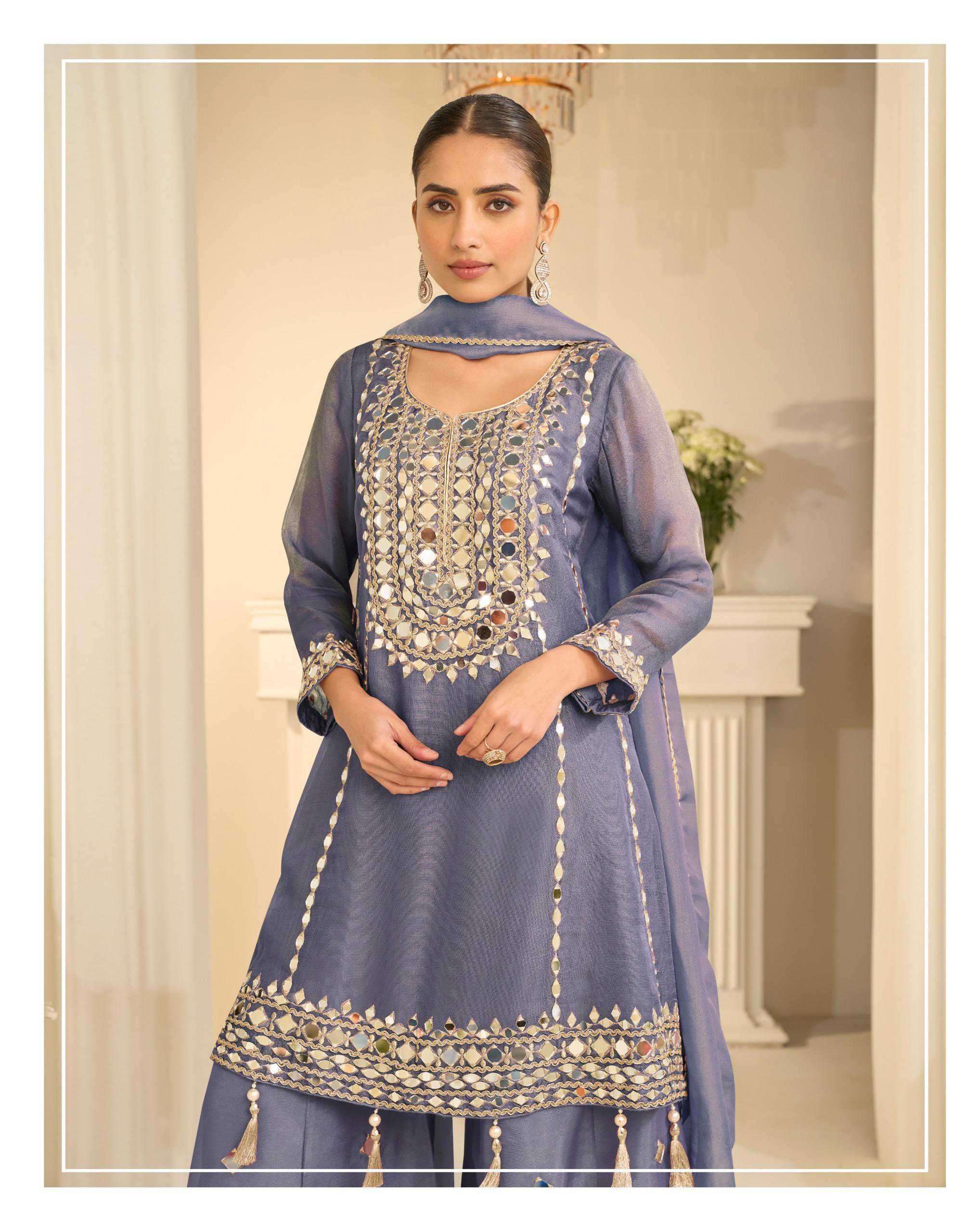 SAYURI DESIGNER MIRROR COLLECTION 10313 COLORS SIMMER SILK FANCY WORK DRESS WHOLESALER 