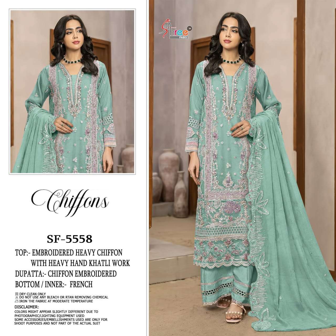 SHREE FAB 5558 COLORS CHIFFON EMBROIDERY HAND WORK SUIT WHOLESALER BEST RATE 