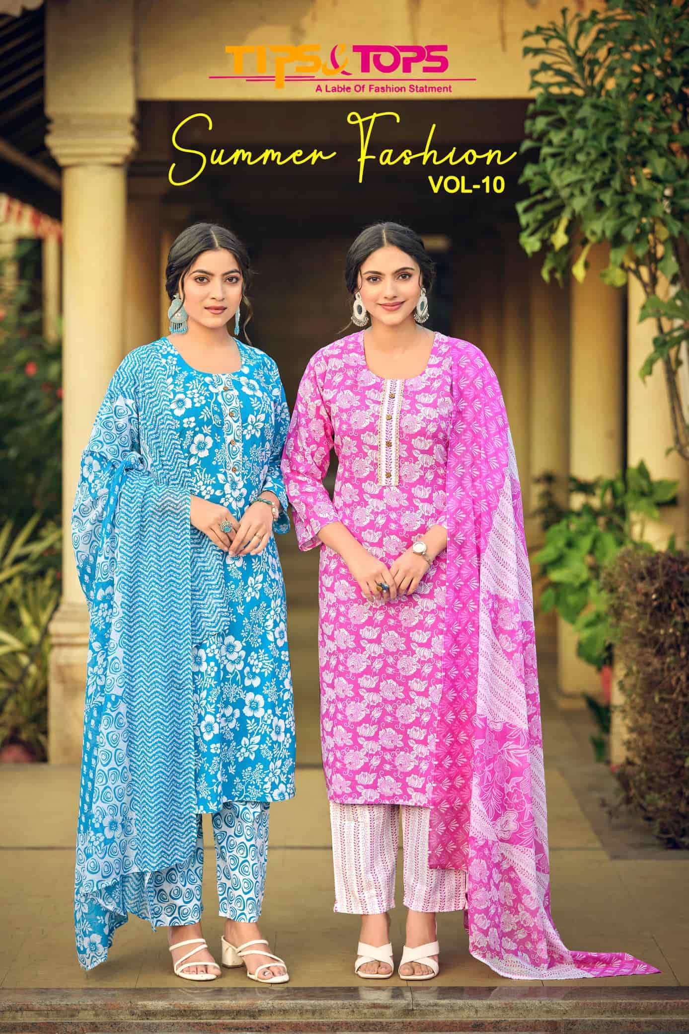 TIPS AND TOPS SUMMER FASHION VOL 10 COTTON KURTI PANT WITH DUPATTA SET WHOLESALER 
