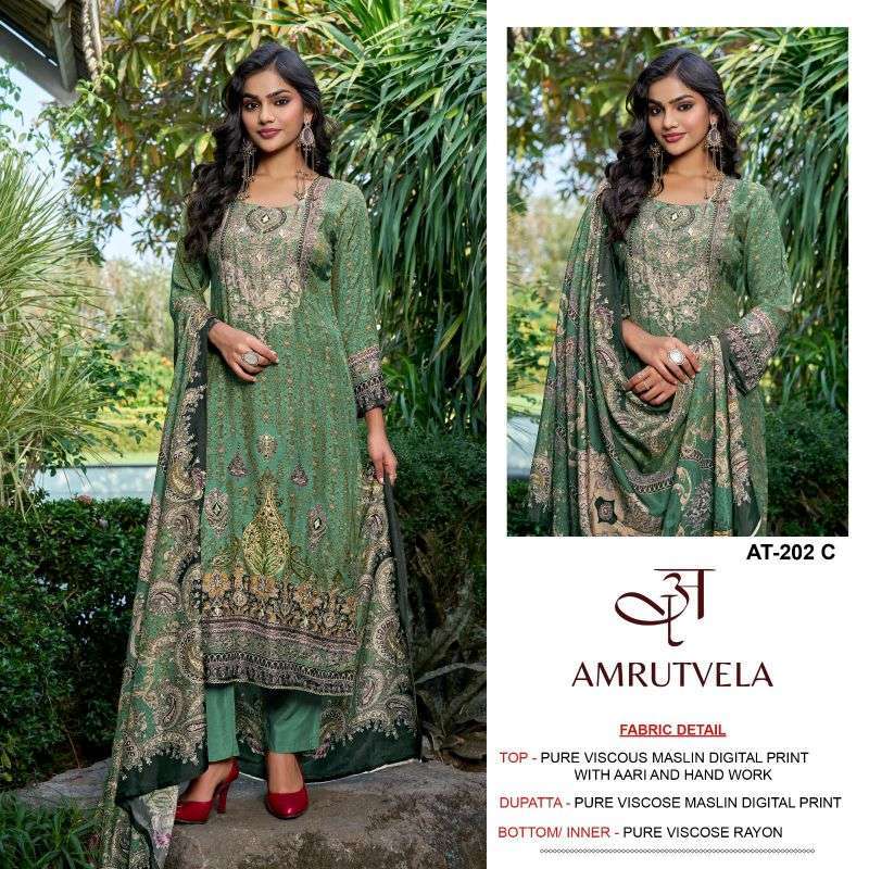 AMRUTVELA AT 202 VISCOSE MUSLIN HAND WORK SUIT WHOLESALER 