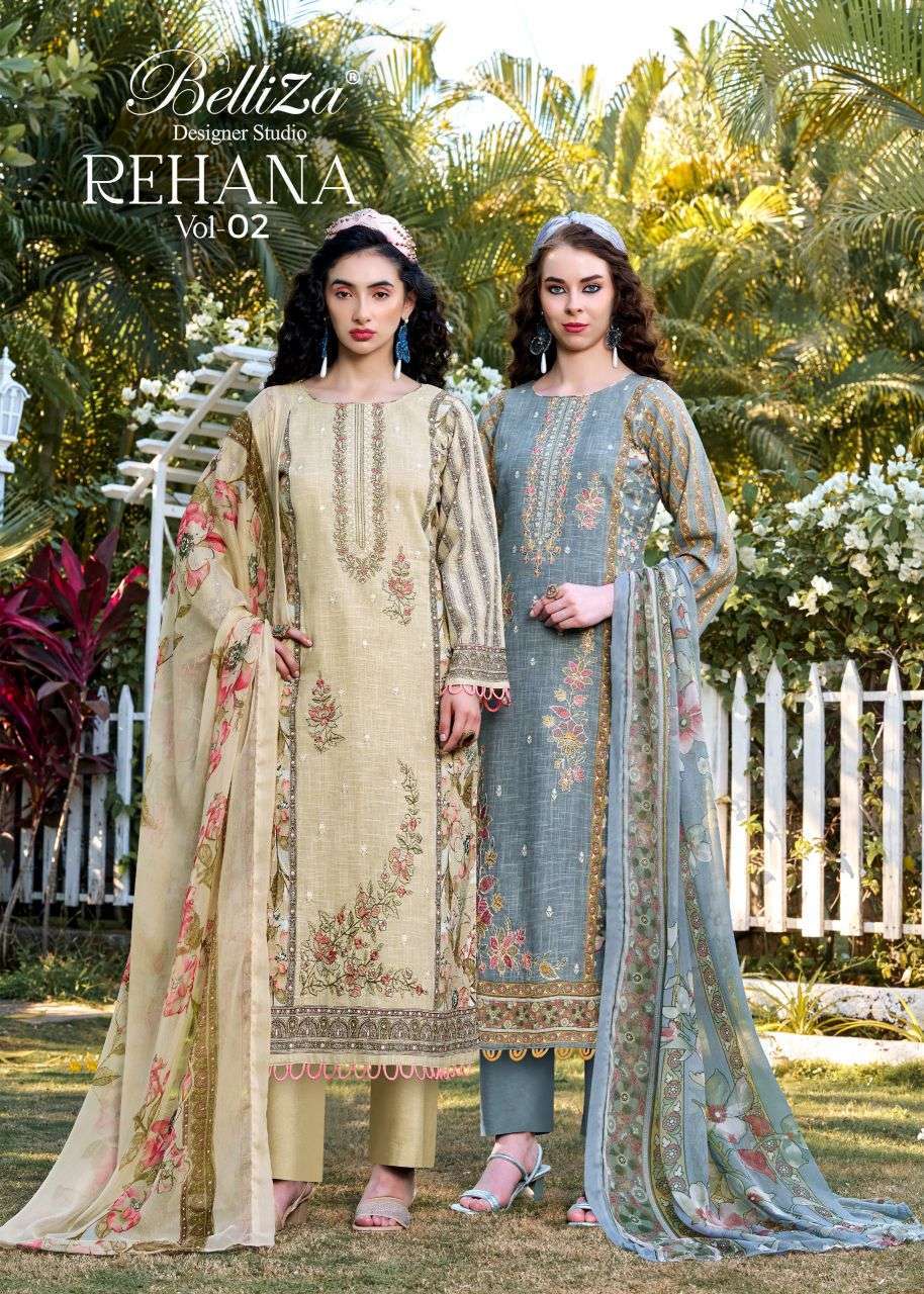 BELLIZA DESIGNER REHANA VOL 2 COTTON LINEN HEAVY EMBROIDERD SUIT WHOLESALER 