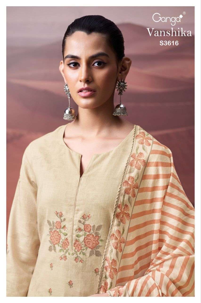 GANGA VANSHIKA 3616 COTTON LINEN EMBROIDERY SUIT WHOLESALER BEST RATE 