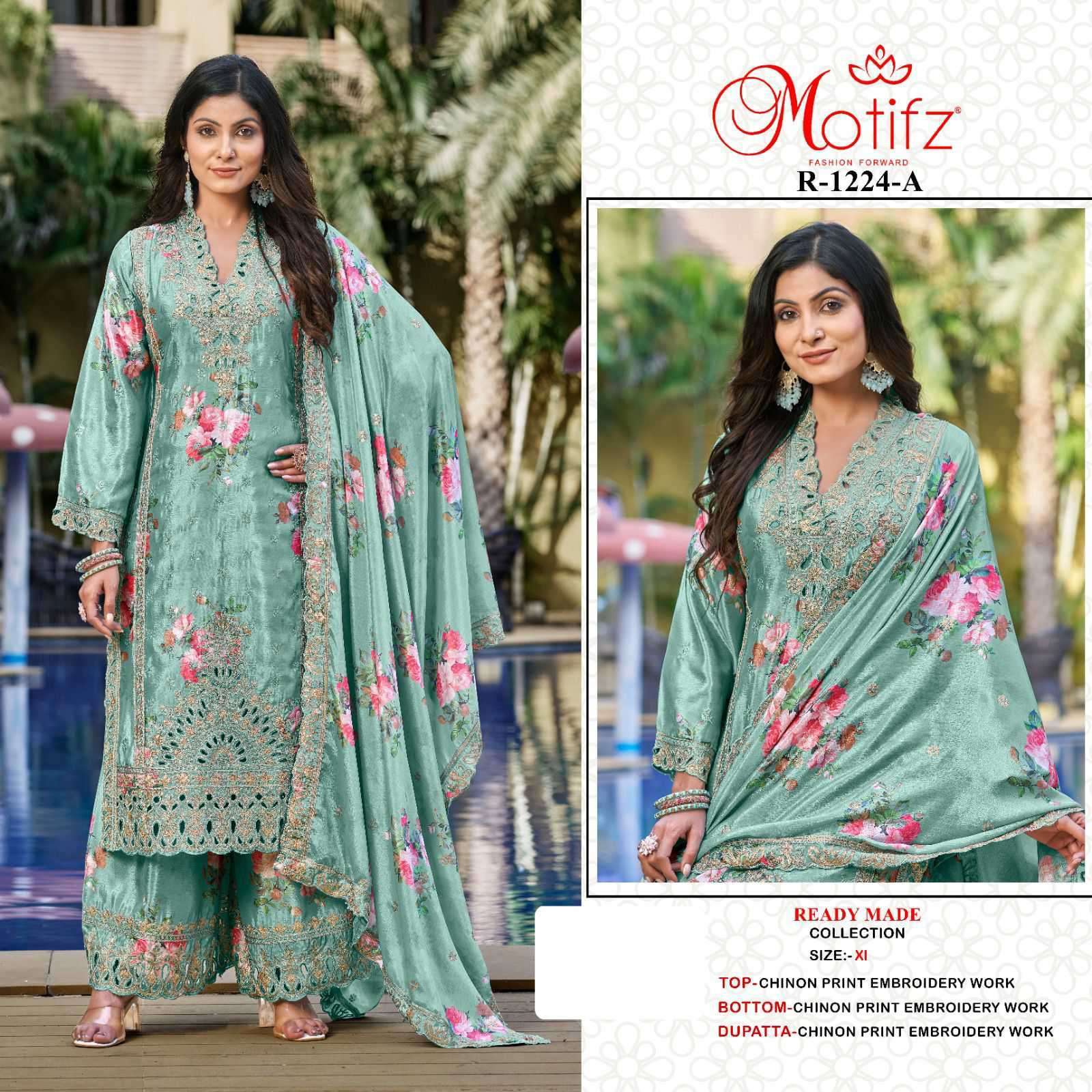 MOTIFZ 1224 COLORS CHINON HEAVY EMBROIDERY READYMADE SUIT WHOLESALER 