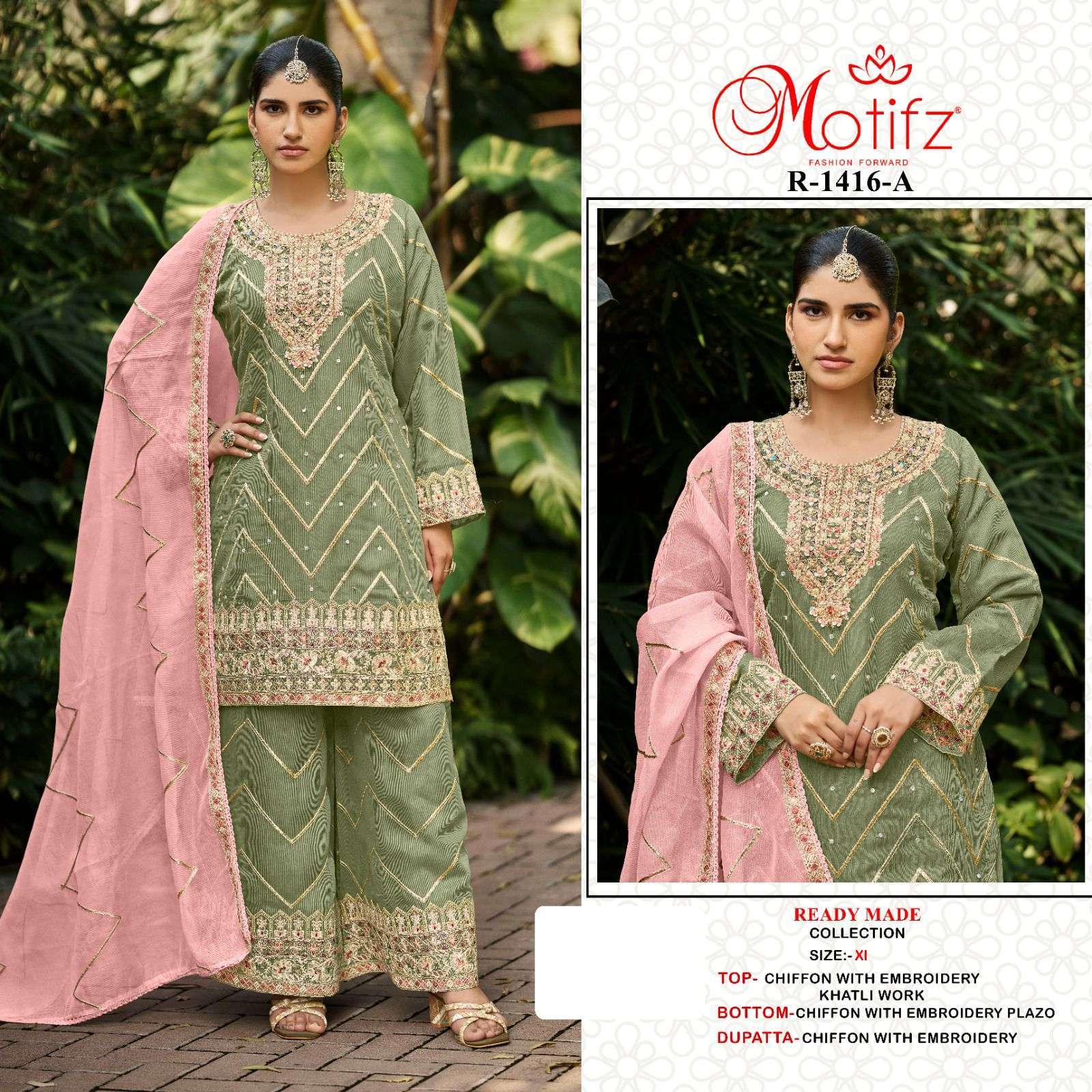 MOTIFZ 1416 COLORS CHIFFON EMBROIDERY PAKISTANI SUIT WHOLESALER 