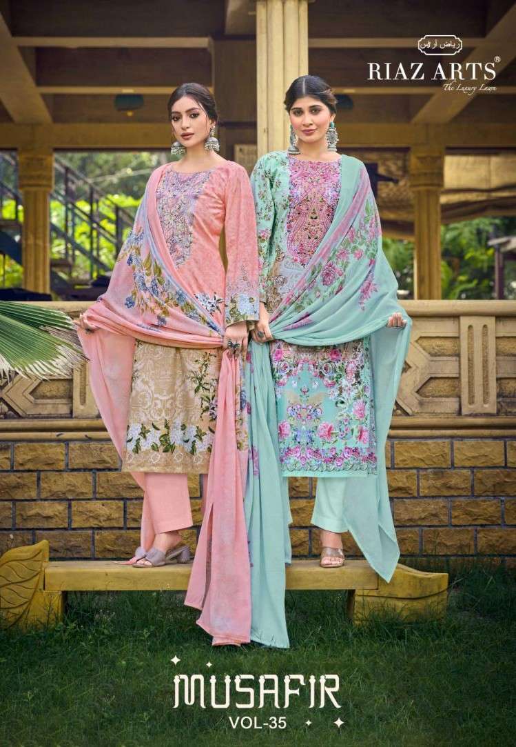RIAZ ARTS MUSAFIR VOL 35 COTTON CAMRIC LAWN EMBROIDERY SUIT WHOLESALER BEST RATE 