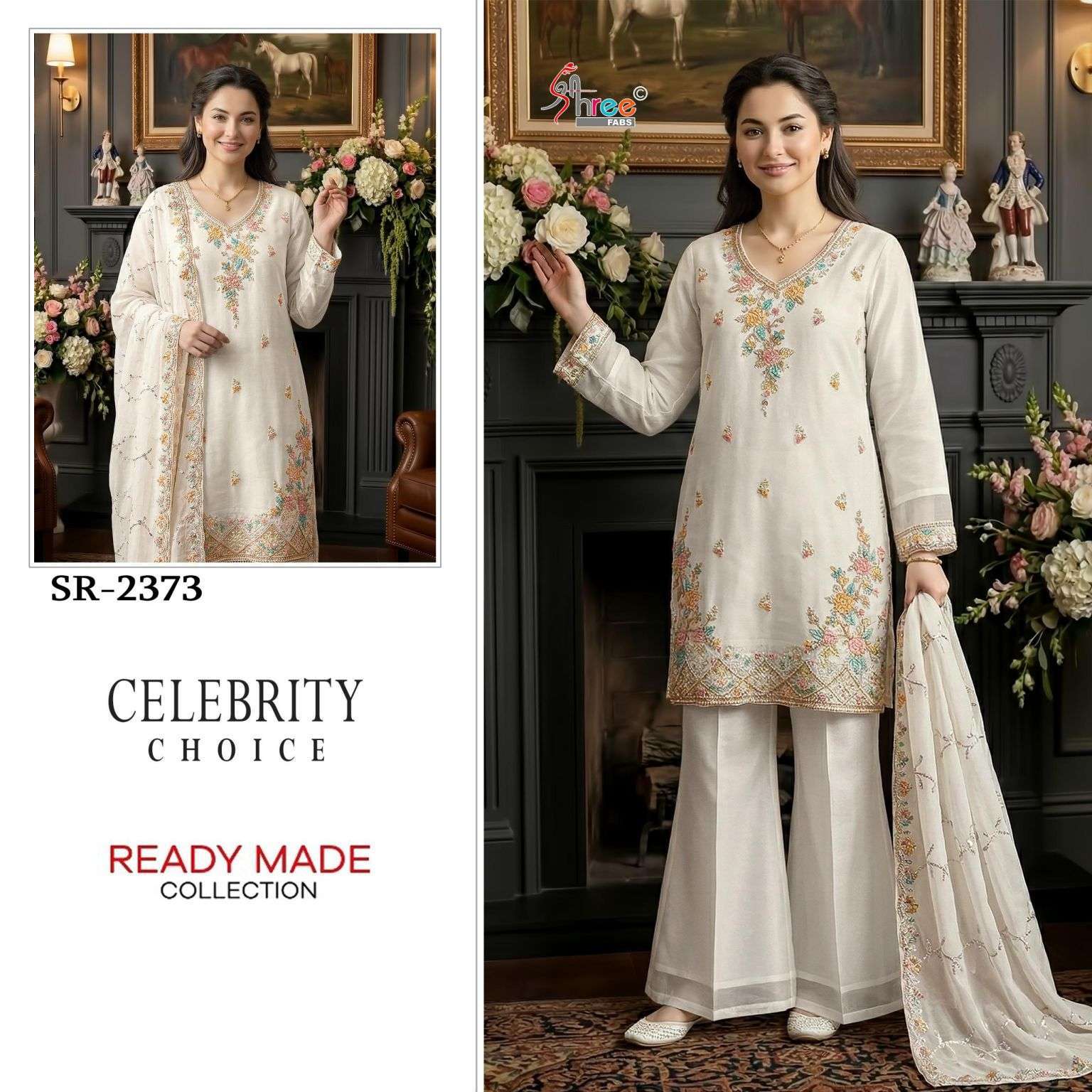 SHREE FAB 2373 COLORS MOSS CHIFFON FANCY WORK READYMADE COLLECTION SUPPLIER 