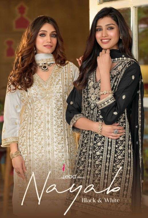 EBA LIFESTYLE NAYAAB BLACK AND WHITE CHINON HEAVY EMBROIDERED READYMADE SALWER KAMEEZ BEST RATE 