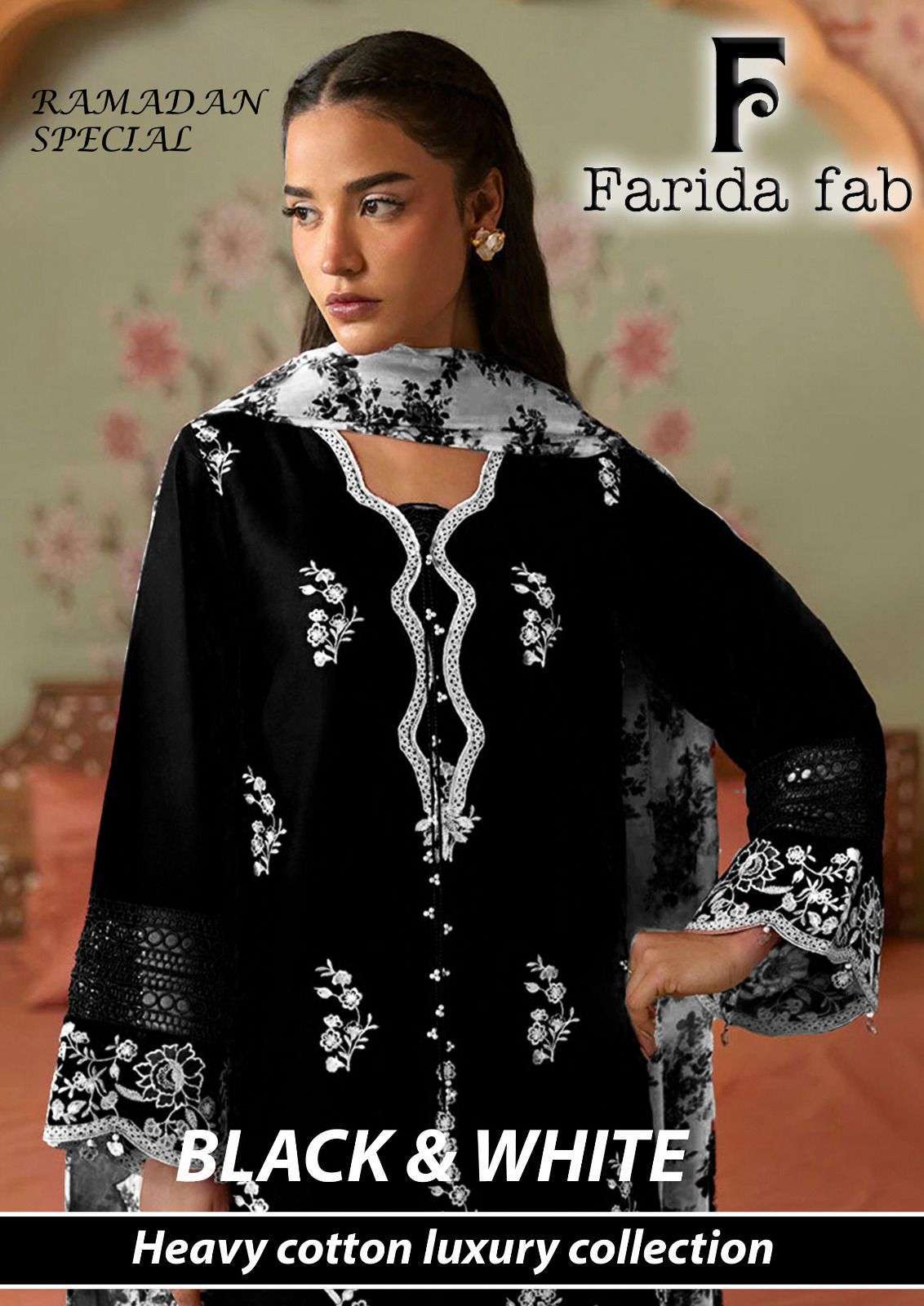 FARIDA FAB BLACK AND WHITE LAWN COTTON PRINTED PAKISTANI SUIT WHOLESALER 