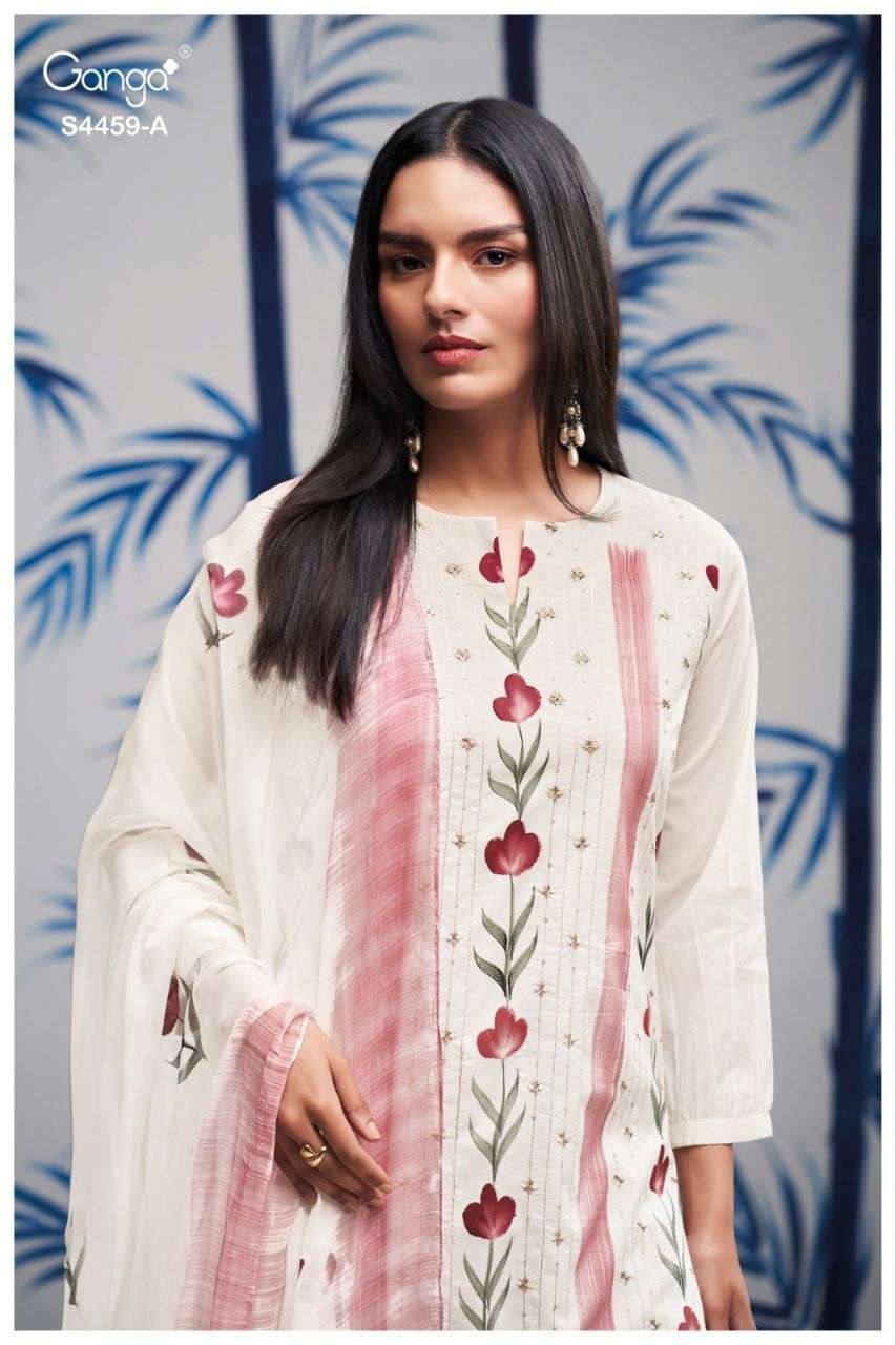 GANGA FASHION ALEEZA 4459 HAND PRINT EMBROIDERY COTTON SUIT WHOLESALER BEST RATE 