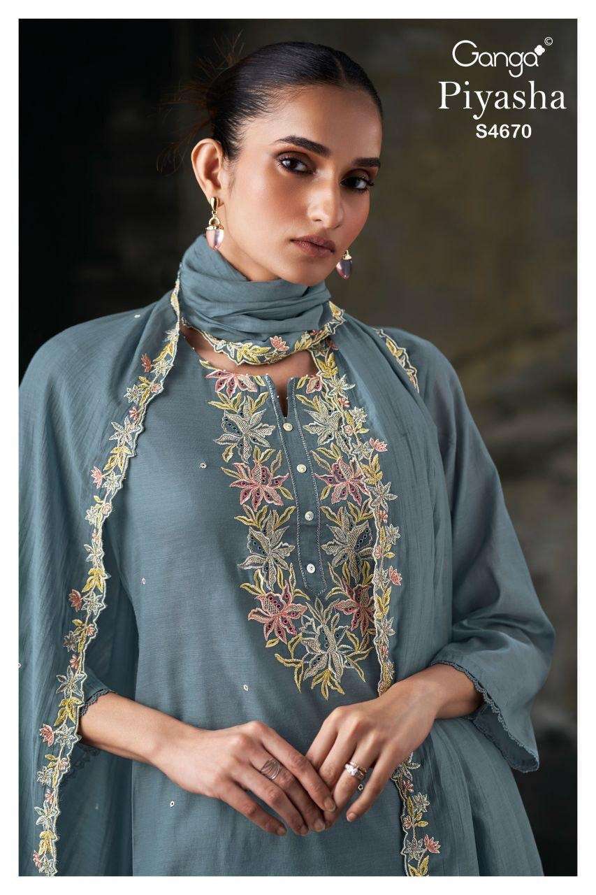 GANGA FASHION PIYASHA 4670 PURE BEMBERG FANCY EMBROIDERY SUIT WHOLESALER BEST RATE 2026