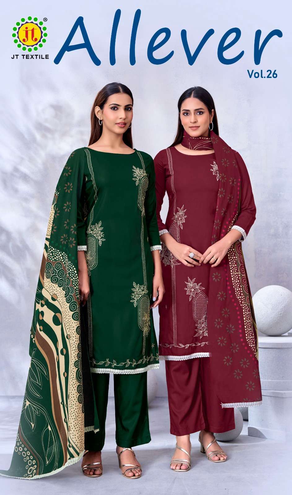 JT TEXTILE ALLEVER VOL 26 RAYON SALWER SUIT WHOLESALER 