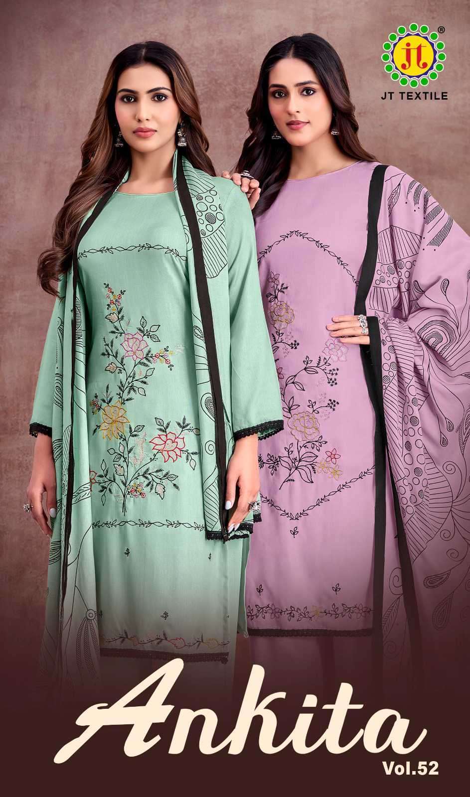 JT TEXTILE ANKITA VOL 52 RAYON PRINT EMBROIDERY SUIT WHOLESALER BEST RATE 