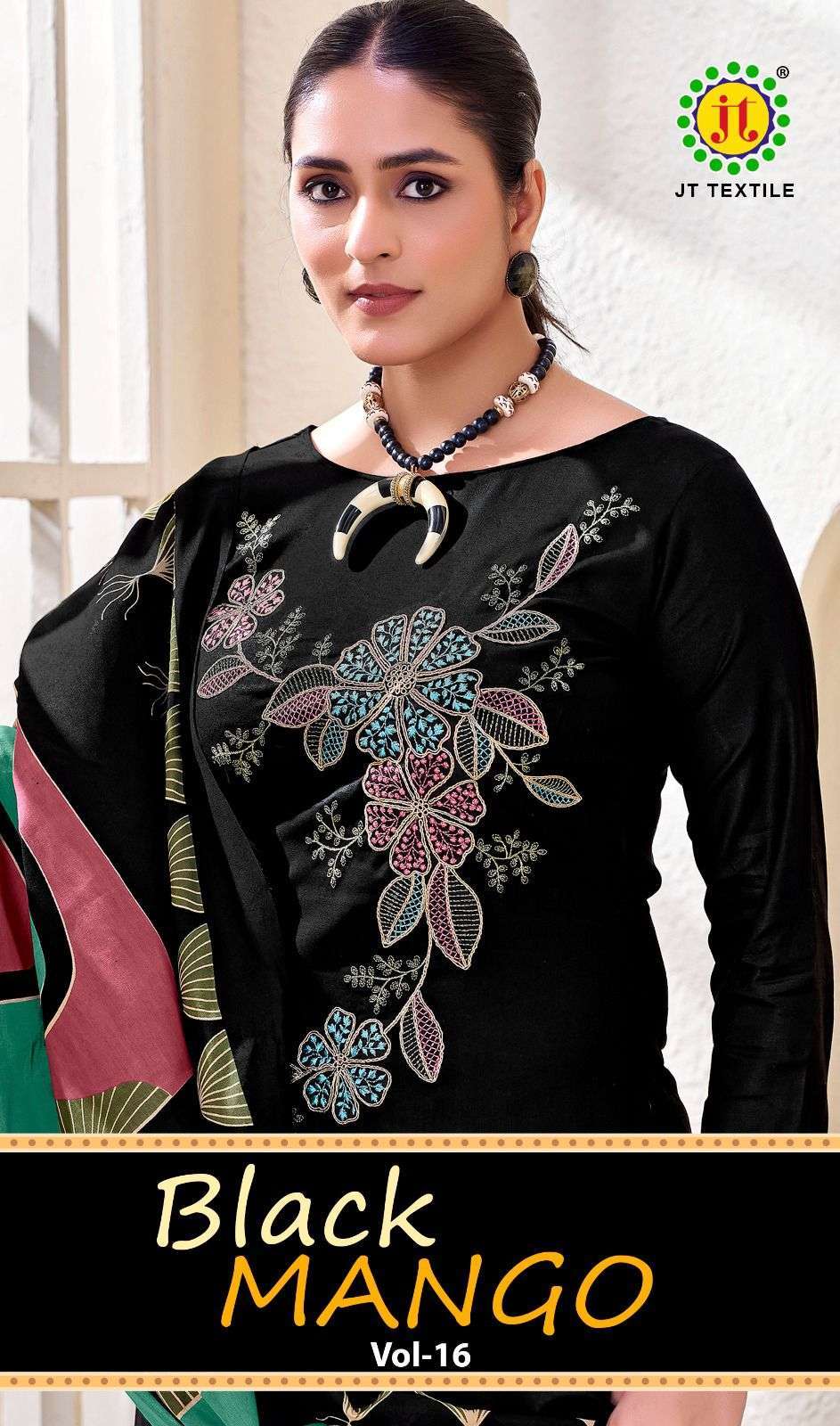 JT TEXTILE BLACK MANGO VOL 16 RAYON EMBROIDERD SUIT WHOLESALER 