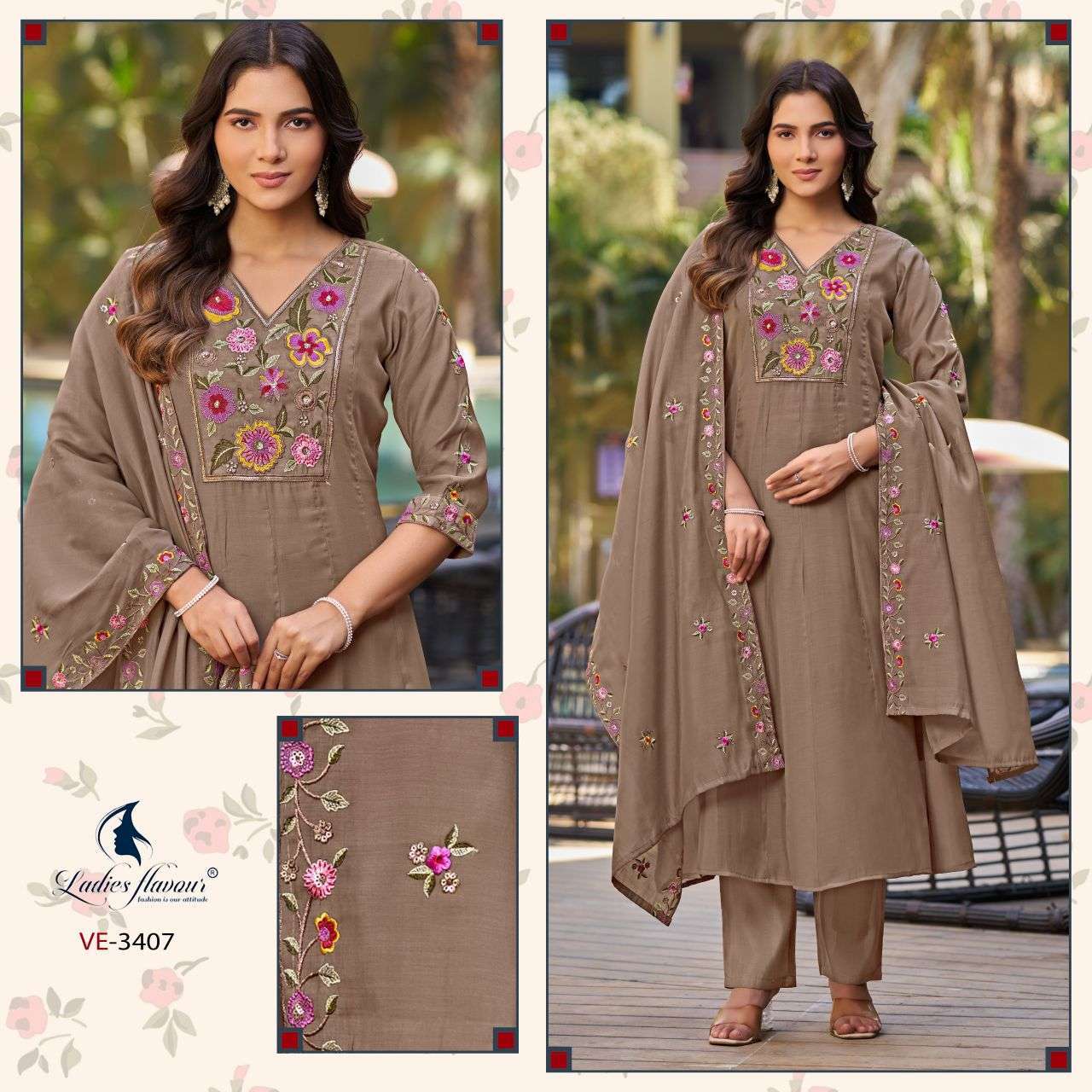 LADIES FLAVOUR 3406 AND 3407 MAL CHANDERI EMBROIDERY WORK KURTI WHOLESALER BEST RATE 