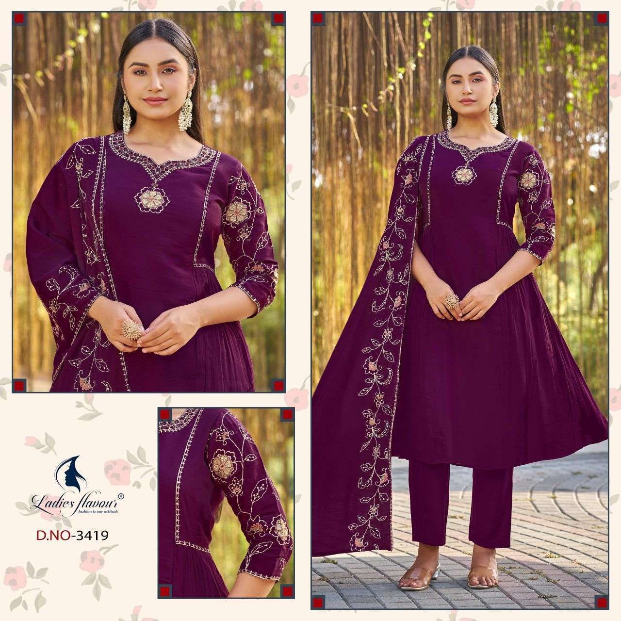 LADIES FLAVOUR 3417 TO 3419 MAL CHANDERI HEAVY EMBROIDERED READYMADE COLLECTION 2026