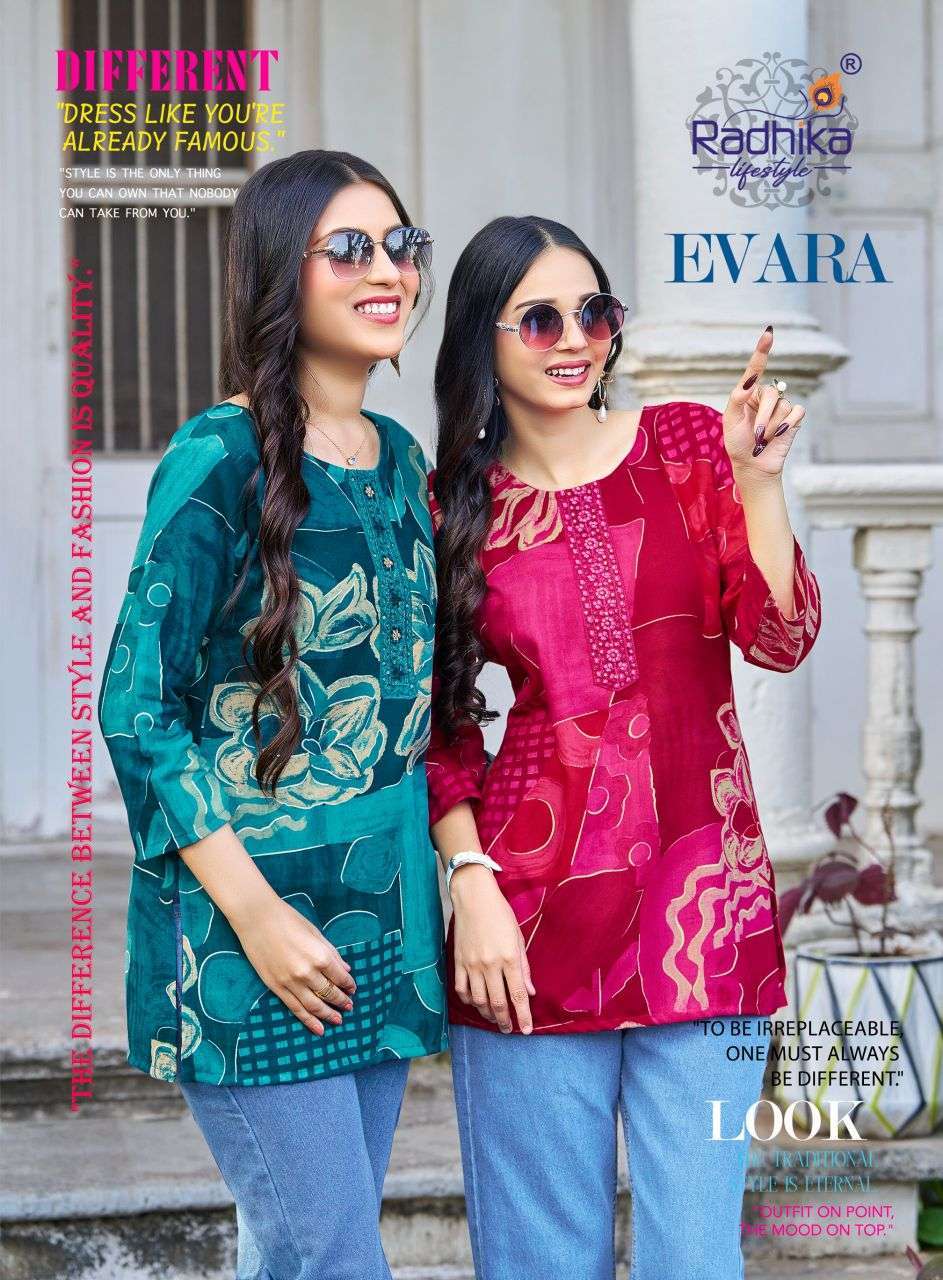 RADHIKA LIFESTYLE EVARA VOL 1 RAYON FOIL PRINT EMBROIDERED SHORT TOP COLLECTION BEST RATE 