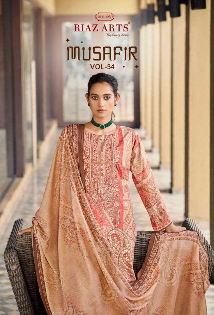 RIAZ ARTS MUSAFIR VOL 34 COTTON CAMRIC LAWN EMBROIDERY SUIT WHOLESALER BEST RATE 