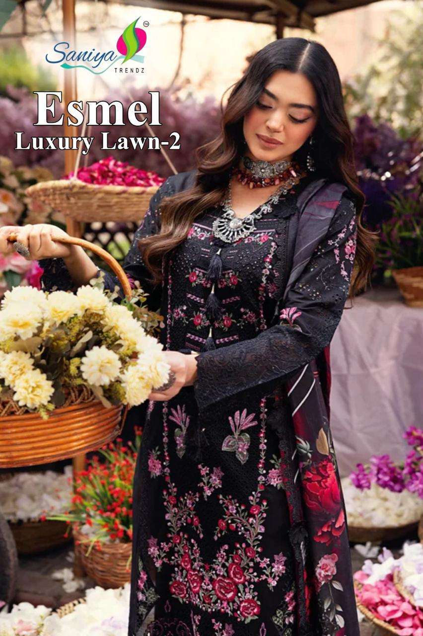 SANIYA TRENDZ ESMEL LUXURY LAWN VOL 2 CHIKANKARI EMBROIDERED SUIT WHOLESALER 