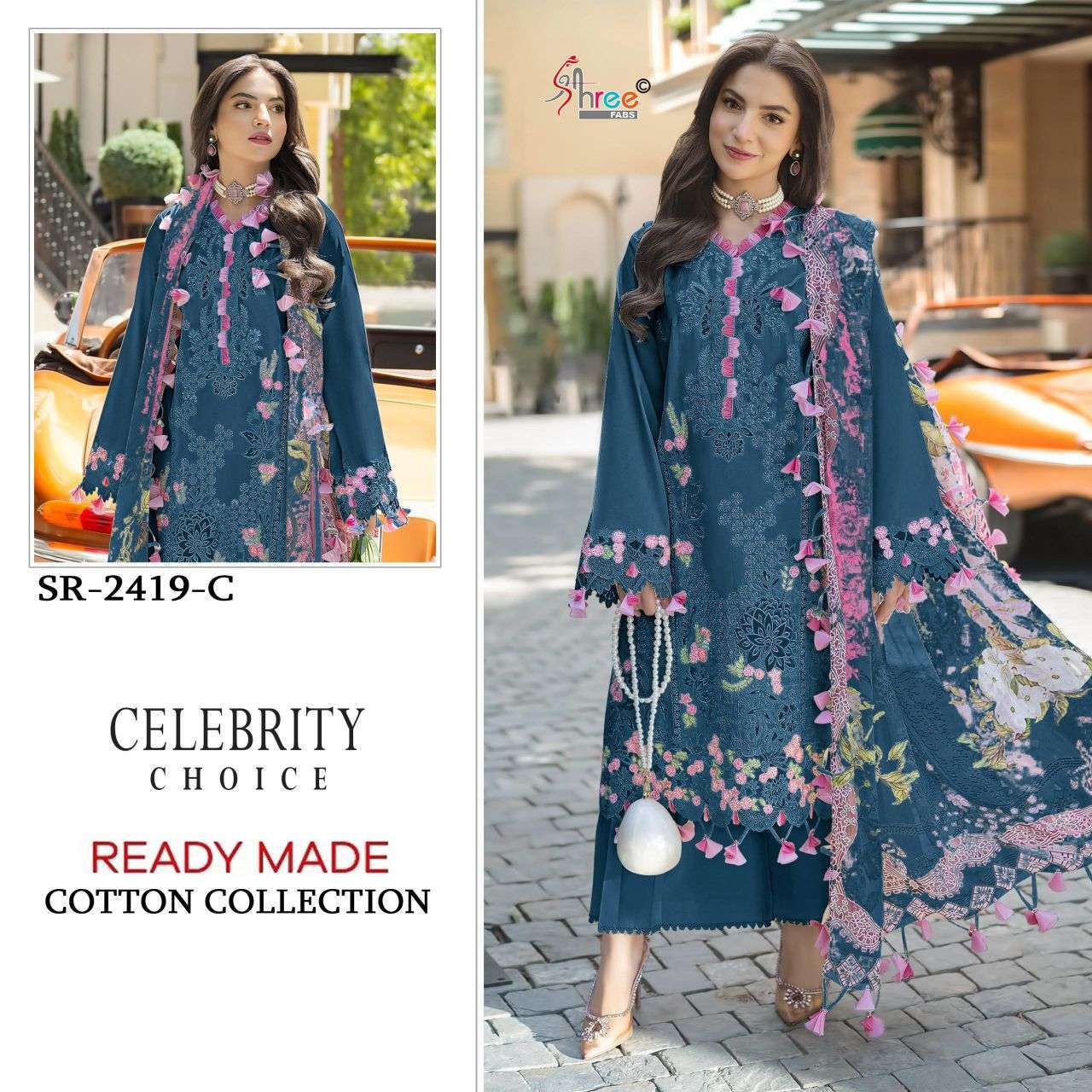 SHREE FAB 2419 CAMBRIC COTTON LAWN FANCY WORK READYMADE SALWER KAMEEZ BEST RATE 