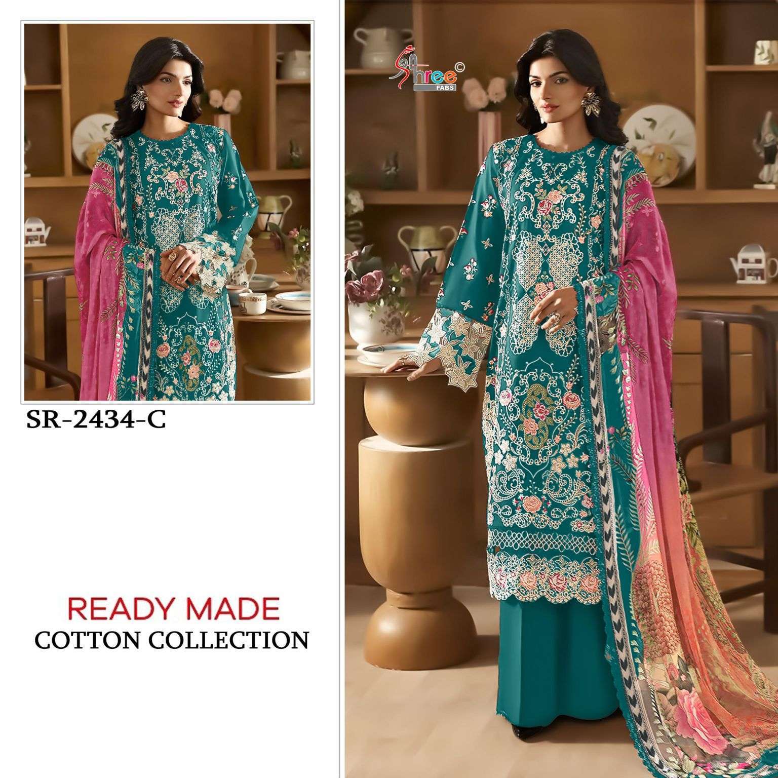 SHREE FAB 2434 CAMBRIC COTTON HEAVY WORK PAKISTANI READYMADE SUIT WHOLESALER 