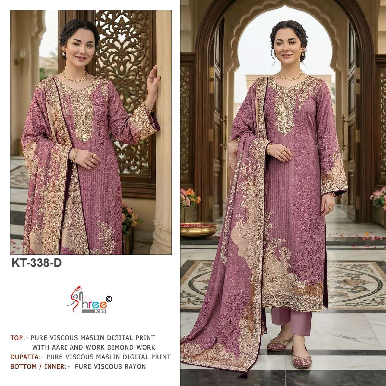 SHREE FAB 338 HANDWORK PRINTED VISCOSE MUSLIN LADIES SUIT WHOLESALER 