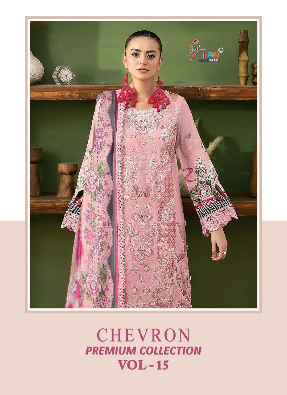SHREE FAB CHEVRON PREMIUM VOL 15 PURE COTTON SELF EMBROIDERY SUIT WHOLESALER BEST RATE 