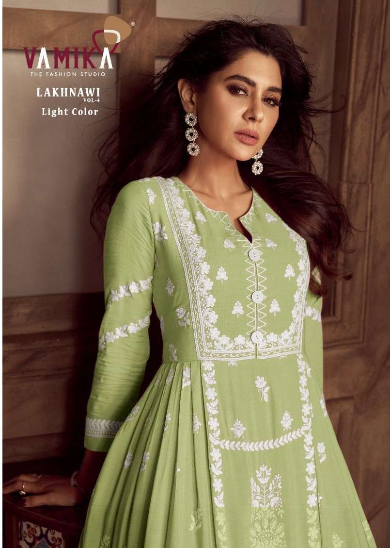 VAMIKA LAKHNAVI VOL 4 LIGHT COLORS RAYON FANCY WORK READYMADE SALWER KAMEEZ BEST RATE 