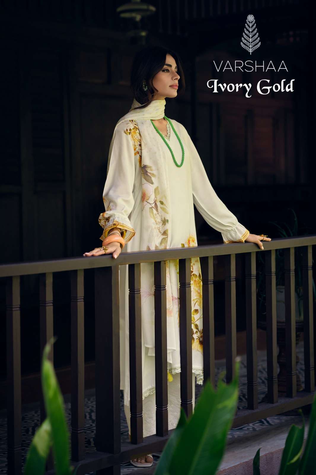 VARSHA FASHION IVORY GOLD VISCOSE MUSLIN LADIES SUIT  BEST RATE SURAT 