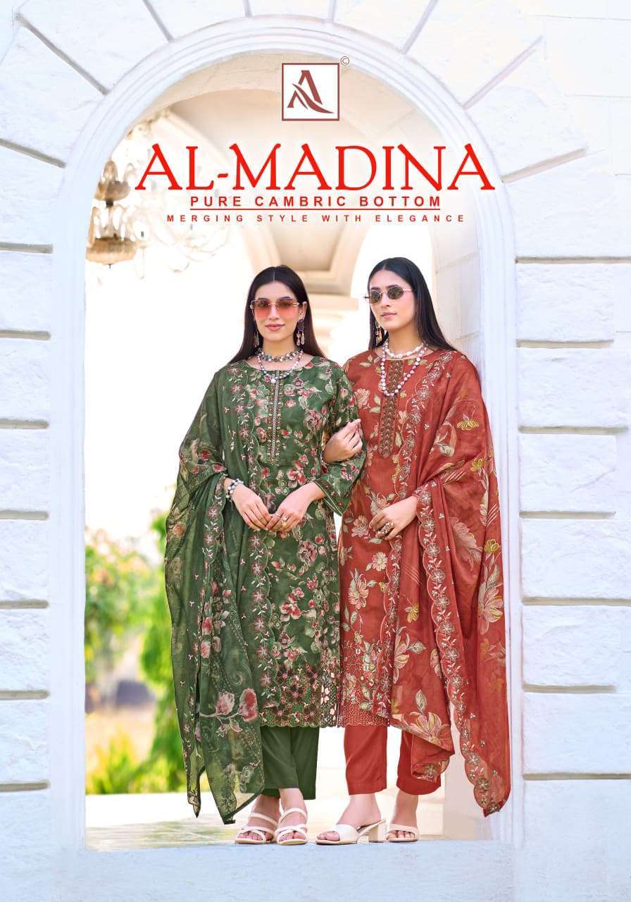 ALOK SUIT AL MADINA CAMBRIC COTTON FOIL PRINTED SALWER KAMEEZ BEST RATE SUPPLIER 